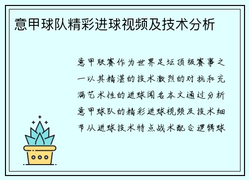 意甲球队精彩进球视频及技术分析